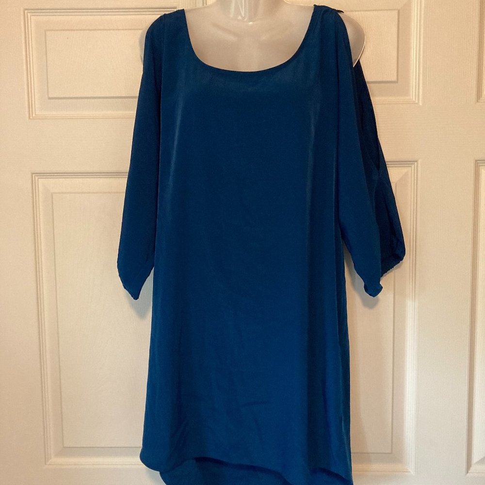 Express Shift Tunic Cold Shoulder Dress Lightweight Blue Back Zipper Size M